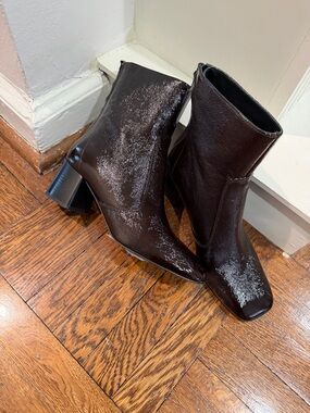 Sandro Dark Brown Patent Leather Ankle Boots